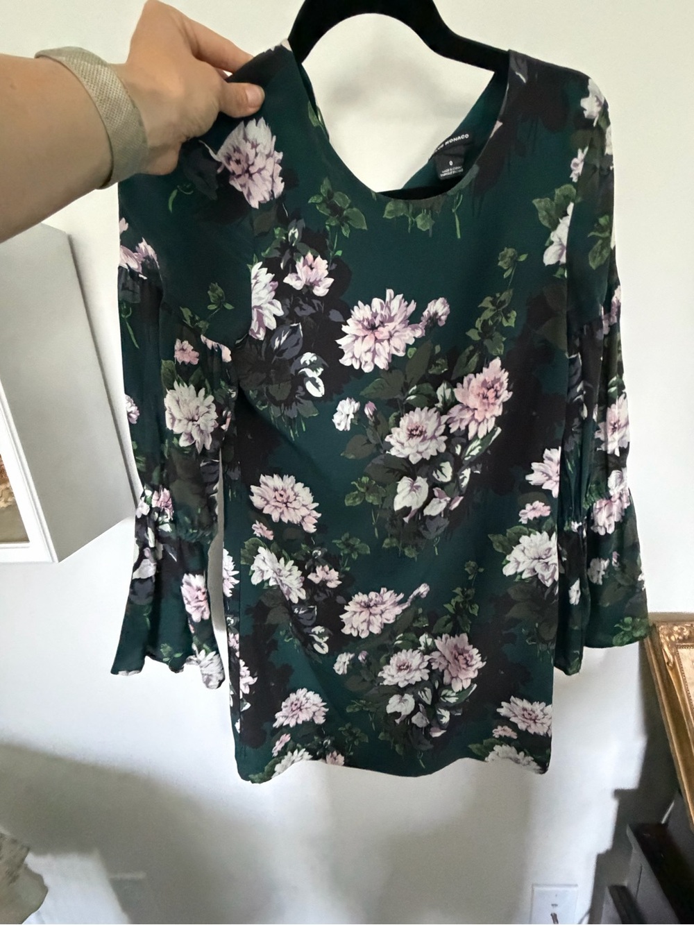 Club Monaco Dark Green Floral Bell-Sleeve Blouse